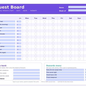 May include: A purple and white weekly reward chart titled Quest Board with sections for name, week, daily tasks, points, a points bank, and a rewards menu. The grid includes columns for days of the week and rows for specific tasks with point values.
