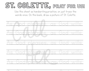 st colette handwriting practice worksheet printable coloring page sheet liturgical year catholic resources kids fprayer activities jesus
