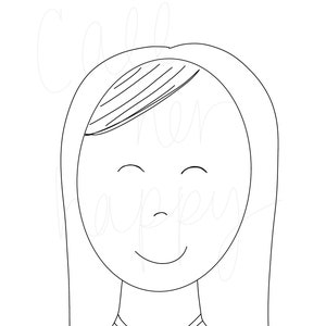 May include: A black and white line drawing of a person with long hair, smiling with their eyes closed. The text "Call her happy" is written over the image.