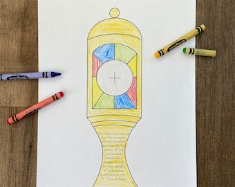May include: A printable coloring page of a monstrance with a quote from St. Clare of Assisi: "Our labor here is brief but the reward is eternal. Do not be disturbed by the clamor of the world, which passes like a shadow: Do not let false delights of a deceptive world deceive you."