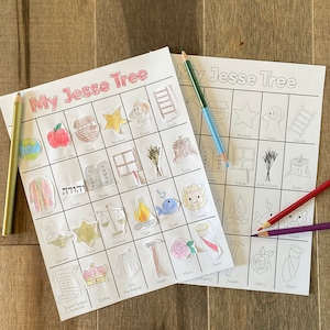 May include: A printable coloring page with a Jesse Tree, a visual representation of the genealogy of Jesus Christ. The page features a grid with various symbols and names of biblical figures, including Adam and Eve, Noah, Abraham, Isaac, Jacob, Judah, Ruth and Boaz, Jesse, David, Solomon, Elijah, Jonah, Daniel, Mary, and Jesus. The page is designed for children to color and learn about the lineage of Jesus.