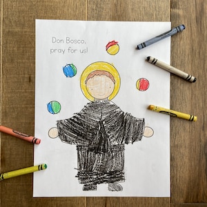 Puede incluir: Una página para colorear en blanco y negro de Don Bosco, un santo católico, con el texto "Don Bosco, reza por nosotros!" en la parte superior. El santo está representado haciendo malabares con bolas de colores.