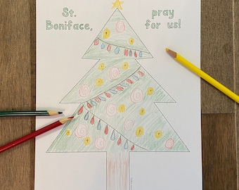 May include: A printable coloring page featuring a Christmas tree with decorations, including ornaments, lights, and candy canes. The text "St. Boniface, pray for us!" is written on the page.