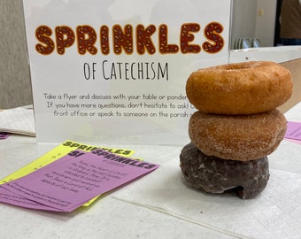 Sprinkles of Catechism catholic resource parishes printables Christian gifts for priest church banners donut art Jesus educational posters