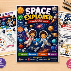 May include: A Space Explorer adventure workbook set featuring a dark blue cover with two astronauts, a blue bird, and planets. Includes a What Is Space worksheet and an official Space Explorer certificate. The set is 8.5 by 11 inches in size.