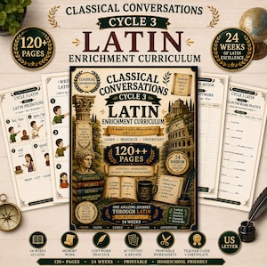 May include: A Classical Conversations Cycle 3 Latin enrichment curriculum book cover featuring a central illustration of Roman architecture, a bust, and an open book. The text includes 120+ pages, 24 weeks of Latin memory work, and John 1:1-7.