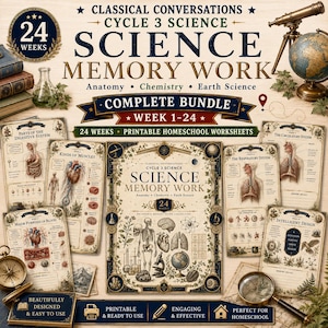 May include: A complete bundle of Classical Conversations Cycle 3 Science Memory Work printable worksheets covering anatomy, chemistry, and earth science for 24 weeks. The collection features educational charts with diagrams of the human body, organs, and scientific illustrations, all presented in a vintage-inspired design.