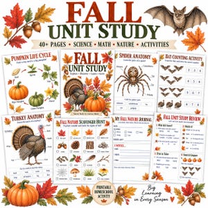 May include: A Fall Unit Study educational printable set featuring 40 pages of science, math, and nature activities. The collection includes worksheets on pumpkin life cycles, spider anatomy, bat counting, turkey anatomy, and a nature scavenger hunt.