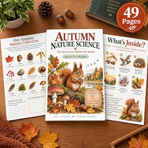 Puede incluir: Un libro de tapa blanda titulado Autumn Nature Science con una ilustración central de una ardilla en un tronco, rodeado por dos páginas abiertas que muestran listas de naturaleza, diagramas educativos y texto sobre ciencia para niños de 4 a 7 años.