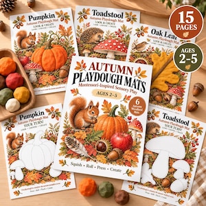 Könnte beinhalten: Eine Sammlung von herbstlichen Knetmatten mit Illustrationen von Kürbissen, Fliegenpilzen, Eichhörnchen und Igeln. Das Set enthält 15 Seiten für Kinder von 2-5 Jahren mit interaktiven Umrissen für sensorisches Spielen und Beschriftungen.