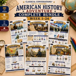Könnte beinhalten: Ein Set aus fünf Lehrplakaten mit dem Titel Classical Conversations Cycle 3 History American History Adventure Complete Bundle. Jedes Plakat enthält historische Illustrationen, Zeitstrahlen und Texte zu Themen wie Kolumbus, die Verfassung, die NATO, der Missouri-Kompromiss, General Robert E. Lee und die Bill of Rights.
