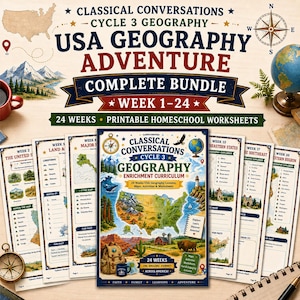 Może przedstawiać: Kompletny zestaw Classical Conversations Cycle 3 Geography Adventure zawierający 24 tygodnie arkuszy do druku do nauczania domowego. Zestaw zawiera okładkę programu z mapą USA oraz poszczególne strony z lekcjami i zadaniami.