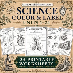 Puede incluir: Una colección de 24 hojas de trabajo científicas imprimibles tituladas Classical Conversations Cycle 3 Science Color & Label Units 1-24. Las páginas presentan diagramas anatómicos, biológicos y geológicos en blanco y negro.