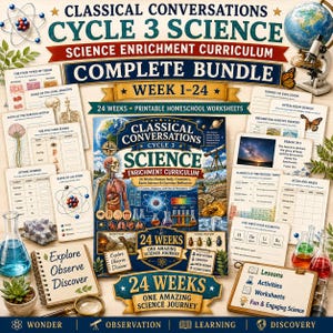 Op de afbeelding: Een complete Classical Conversations Cycle 3 Science enrichment curriculum bundel met 24 weken aan printbare werkbladen, lessen en activiteiten voor thuisonderwijs, inclusief diagrammen over het menselijk lichaam, scheikunde en aardwetenschappen.
