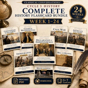 Op de afbeelding: Een Classical Conversations Cycle 3 History Complete History Flashcard Bundle met 24 weken aan onderwerpen. De set bevat kaarten over Christoffel Columbus, George Washington, de Onafhankelijkheidsverklaring, de Amerikaanse Burgeroorlog en meer.