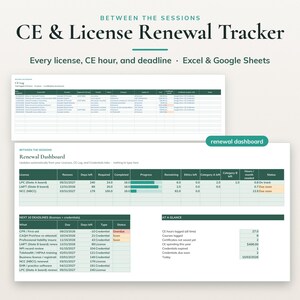 CE-Tracker für Therapeuten, Tabellenkalkulation zur Lizenzverlängerung, CEU-Protokoll für LPC, LMFT, LCSW, Ablaufdatum der Qualifikation, Excel Google Sheets