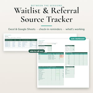 Puede incluir: Una plantilla digital de seguimiento de listas de espera y fuentes de referencia para Excel y Google Sheets. La interfaz muestra tablas de datos, recordatorios de registro y un panel automático con encabezados de color verde.