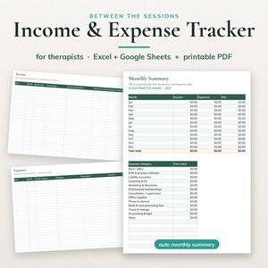 Könnte beinhalten: Ein Einnahmen- und Ausgaben-Tracker für Therapeuten mit digitalen Vorlagen für Excel, Google Sheets und druckbare PDFs. Das Layout enthält Tabellen für Einnahmen, Ausgaben und eine monatliche Zusammenfassung mit Spalten für Kategorien und Beträge.