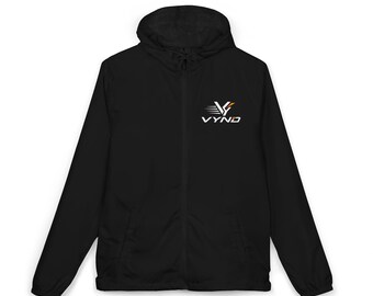 May include: A black zip-up hooded jacket featuring long sleeves and a front zipper closure. On the upper left chest, there is a white and orange graphic logo with the text VYND, accompanied by stylized horizontal motion lines.