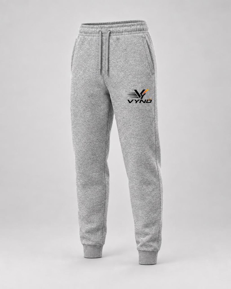 Heather grey VYND Logo Joggers on a model