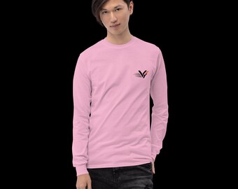 May include: A light pink long-sleeve crew neck shirt featuring a small black and orange logo on the left chest. The logo consists of a stylized letter V with horizontal motion lines and a small orange accent mark on the right side.