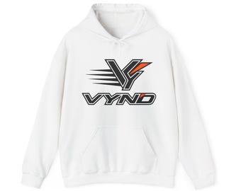 May include: A white hooded sweatshirt featuring a front kangaroo pocket and long sleeves. The chest displays a black and orange graphic logo with the text VYND, accompanied by a stylized V symbol with horizontal motion lines on the left side.