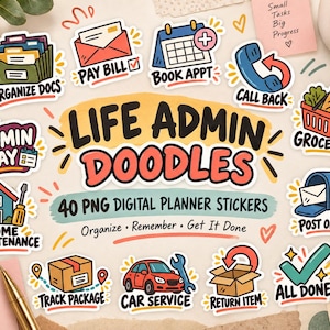 40 adesivi PNG per la gestione della vita quotidiana, adesivi per agenda digitale, adesivi per GoodNotes, adesivi per attività giornaliere