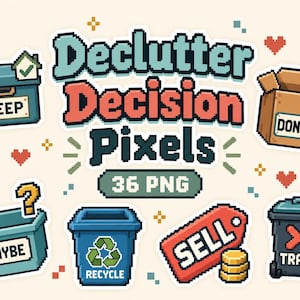 Pode incluir: Um conjunto de autocolantes em pixel art com o texto Declutter Decision Pixels 36 PNG. A coleção inclui uma caixa azul keep, uma caixa castanha donate com um coração, um recipiente azul claro maybe com um ponto de interrogação, um caixote de reciclagem azul, uma etiqueta vermelha sell com moedas e um caixote do lixo cinzento escuro trash com um X.