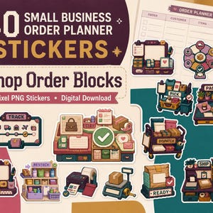 May include: A collection of 40 pixel art stickers for a small business order planner, featuring various shop-themed icons like packing stations, dispatch carts, tracking bars, and shipping supplies, all displayed against a digital order planner background.