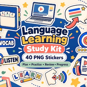 以下が含まれることがあります： Language Learning Study Kit 40 PNG Stickersというタイトルのデジタルステッカーセット。ノートパソコン、ヘッドフォン、本、ターゲット、吹き出しのイラストが描かれています。テキストにはPlan、Practice、Review、Progress、Vocab、Listen、Learnが含まれています。