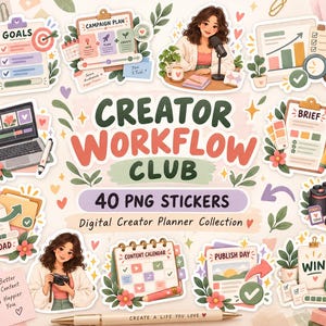 Op de afbeelding: Een verzameling van 40 digitale stickers met illustraties van een creator workflow, inclusief klemborden met doelen, contentkalenders, een laptop, een camera en personages, met de tekst Creator Workflow Club en 40 PNG Stickers.