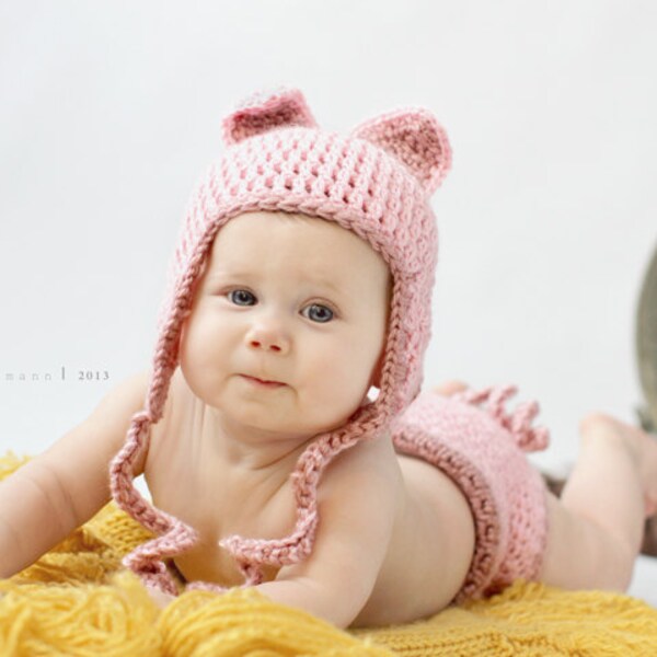 Pinky the Pig Crocheted Earflap Hat and diaper cover set- Made to Order- Any Size
