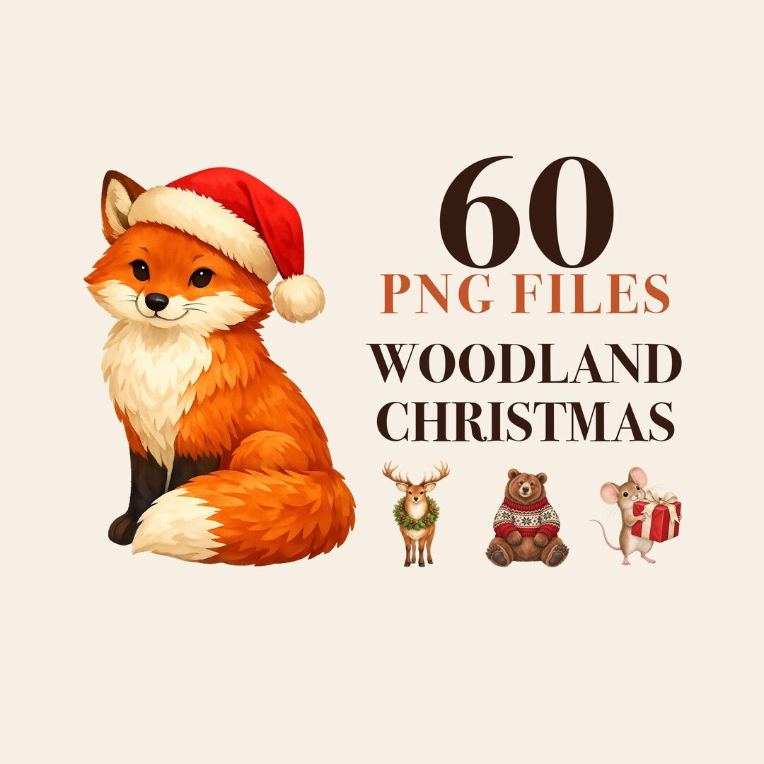 Christmas Clipart Bundle, 60 Watercolor Woodland Animals and Elements ...