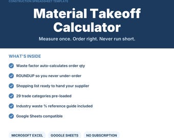 Feuille de calcul des quantités de matériaux | Excel et Google Sheets | Modèle d'estimation de coûts de construction