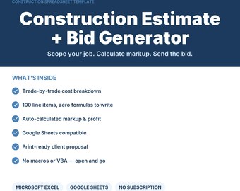 Modèle de devis de construction | Excel et Google Sheets | Feuille de calcul pour soumission d'entrepreneur