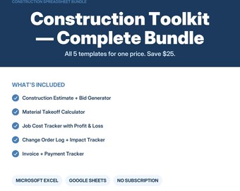 Ensemble de feuilles de calcul pour la construction | Excel et Google Sheets | Kit de 5 modèles pour entrepreneurs
