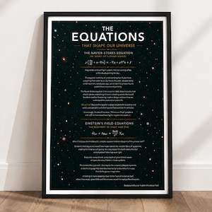 May include: A framed wall art print titled The Equations That Shape Our Universe, featuring the Navier-Stokes and Einstein's field equations against a dark, starry Hubble Ultra Deep Field background with white text explaining the physics concepts.