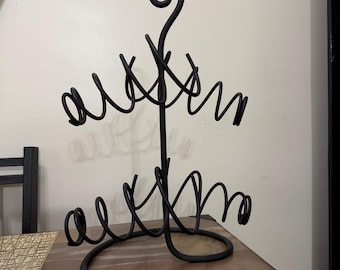 Vintage Black Wrought Iron Spiral 4 Bottle Countertop Wine Rack Display