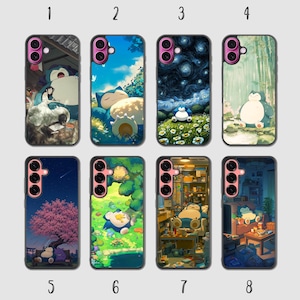 May include: Eight smartphone cases featuring various artistic illustrations of the character Snorlax in different settings, including a bedroom, a forest, a starry night, a bamboo grove, a cherry blossom tree, a pond, a cluttered room, and a living room.