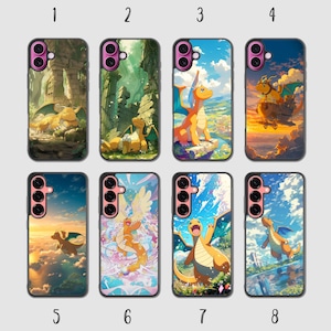 May include: Eight rectangular phone cases featuring various illustrations of a yellow dragon-like creature with wings. Each case displays a unique scene, including ruins, skies, and clouds, with a pink camera lens cutout on the top left corner.