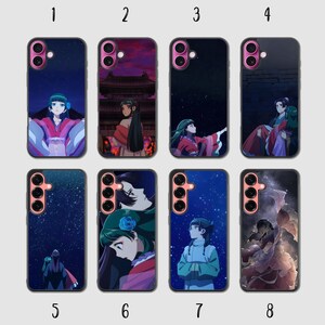 May include: Eight rectangular phone cases with pink camera bezels, each featuring different anime-style illustrations of characters in traditional clothing against night skies, starry backgrounds, or architectural settings, numbered one through eight.