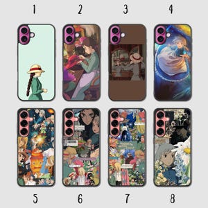 May include: Eight smartphone cases featuring various scenes and characters from the animated film Howl's Moving Castle. Each case has a distinct graphic design, including character portraits, collage-style prints, and scenes with text overlays.