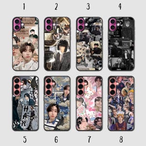 May include: Eight rectangular smartphone cases featuring collage-style designs with various photographic portraits of a person, musical notes, text, and cartoon characters. Each case has a distinct pink or black camera lens cutout area.
