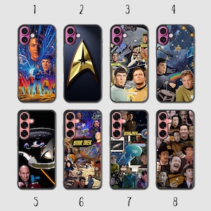 May include: Eight rectangular phone cases featuring various Star Trek character portraits, starship imagery, and the Star Trek logo. Each case has a pink camera lens border and displays iconic scenes, space backgrounds, and collage-style graphics.