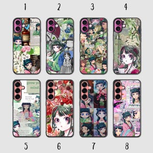 May include: Eight smartphone cases featuring anime-style character illustrations in various collage layouts. Each case displays vibrant, multi-colored graphics, including portraits of a dark-haired character, floral patterns, text snippets, and food items.
