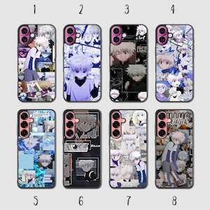 May include: Eight rectangular phone cases featuring collage-style graphics of an anime character with spiky white hair and blue eyes. Each case displays multiple scenes of the character in various poses and outfits, with pink camera lens accents.