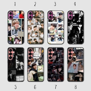 May include: Eight rectangular smartphone cases featuring collage-style photo prints of a person. Each case displays multiple candid and posed images, some with text overlays like JUNG HOSEOK, HOPE ON THE STREET, and J-Hope, arranged in various layouts.