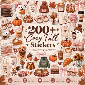 May include: A collection of digital stickers featuring autumn themes including pumpkins, ghosts, coffee cups, books, jumpers, slippers, and a puppy. The central text reads 200+ Cozy Fall Stickers, Planner, Journal, Goodnotes, Scrapbook, and More.