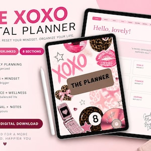May include: A digital planner displayed on two tablets, featuring a pink and brown aesthetic with graphics of a disco ball, lips, a flip phone, and an eight ball. The text reads THE XOXO DIGITAL PLANNER, THE PLANNER, and Good Plans Brighten Days.