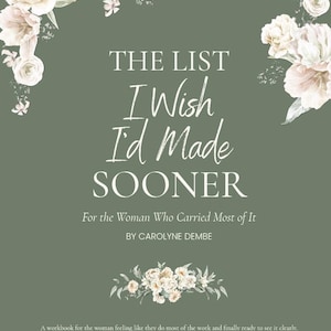 Puede incluir: Una portada de libro con fondo verde salvia y flores blancas ilustradas en las esquinas y el centro. El texto dice: THE LIST I Wish I'd Made SOONER, For the Woman Who Carried Most of It, BY CAROLYNE DEMBE, y un subtítulo en la parte inferior.